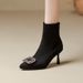 Square Buckle Rhinestone Pointed Toe High Ankle For Women 2024 Autumn Winter New Thin Heel Black Suede Stretch Slim Sock_voghion.com
