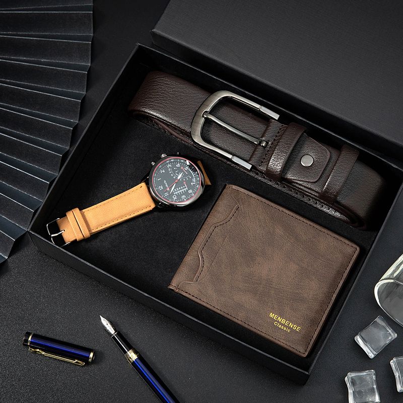 New Men's Watches Casual Simple 3 Piece Watch Set Gift Box Men's Watch Wallet Belt_voghion.com