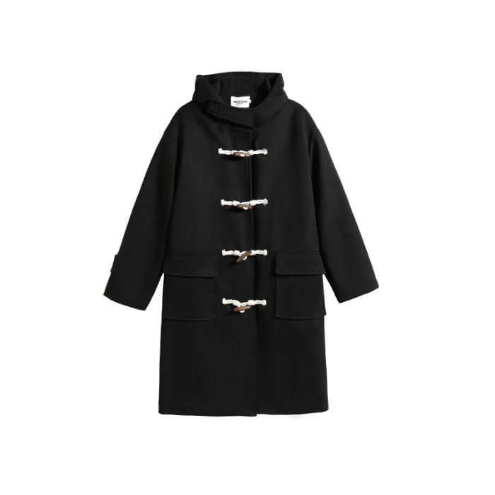 Mid-Length Black Duffle Coat With Horn Buttons Women, Woolen Coat, Autumn 2025 And New Style, High-End Feel For Winter_voghion.com