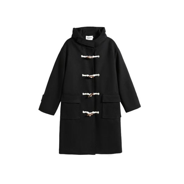 Mid-Length Black Duffle Coat With Horn Buttons Women, Woolen Coat, Autumn 2025 And New Style, High-End Feel For Winter_voghion.com