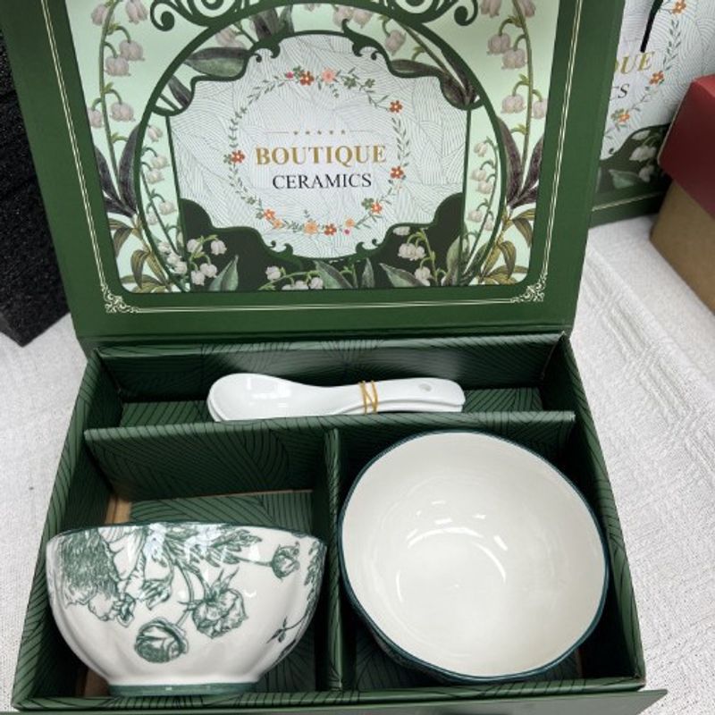 Set di stoviglie in ceramica di alta qualità, set regalo di inaugurazione della casa, ciotola regalo aziendale, rosa verde smaltata_voghion.com