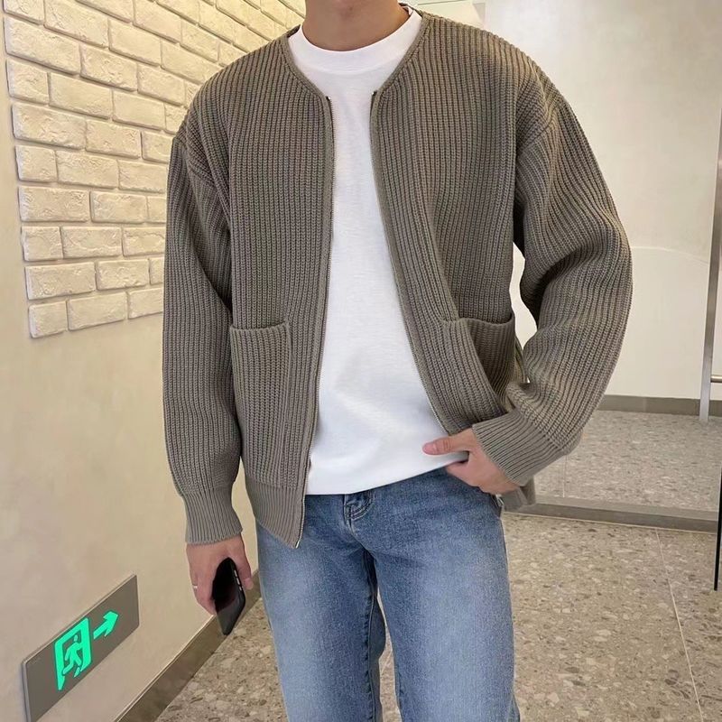 Cardigan casual da uomo in maglia - Pullover aperto sul davanti a maniche lunghe e vestibilità ampia per autunno inverno (blu scuro, grigio, beige, kaki, nero)_voghion.com