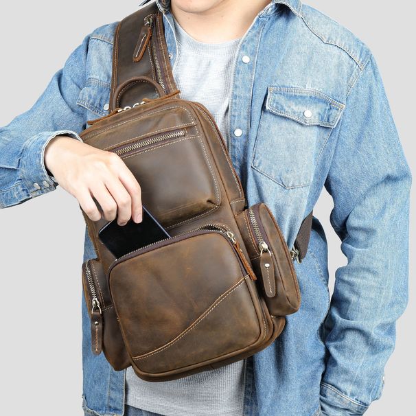 Leder Herrentasche Echtes Leder Brusttasche High-End Retro Herren Multifunktionale Große Kapazität Freizeit Brusttasche_voghion.com
