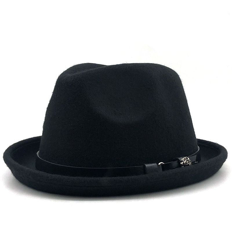 Koreanesche Stil Trendy Hierscht- a Wantertop mat Gürtelschnalle, schwaarze Wollmütz fir Männer, briteschen Jazzmütz_voghion.com