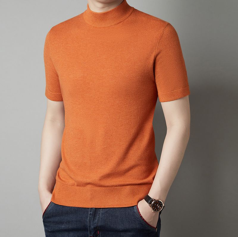 T-shirt tricoté à manches courtes pour hommes, pull fin à col mi-haut pour hommes, pull d'été à manches mi-longues pour jeunes et d'âge moyen_voghion.com