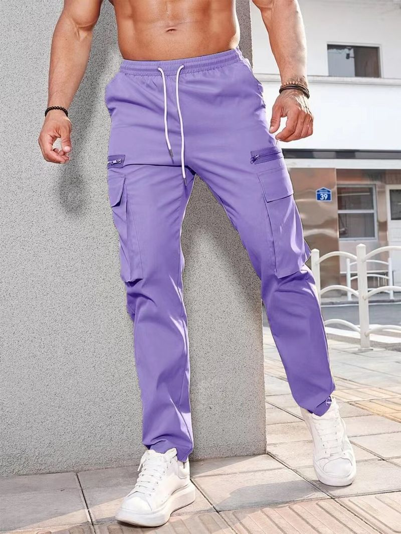 Herren-Cargohose mit dekorativem Sport-Reißverschluss, Taillenkordelzug, gewebte Cargohose für Herren in Übergröße_voghion.com