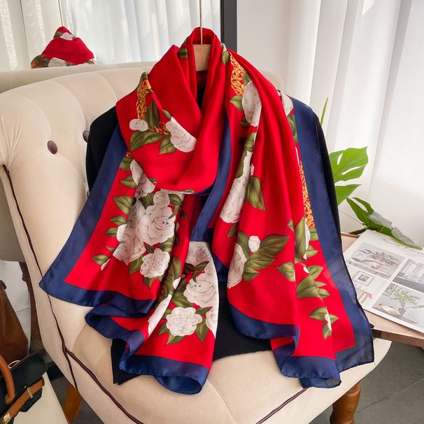 Spring, Summer, and Autumn New Korean Edition Simulated Silk Women's Camellia Decoration Versatile Shawl Sunscreen Beach_voghion.com