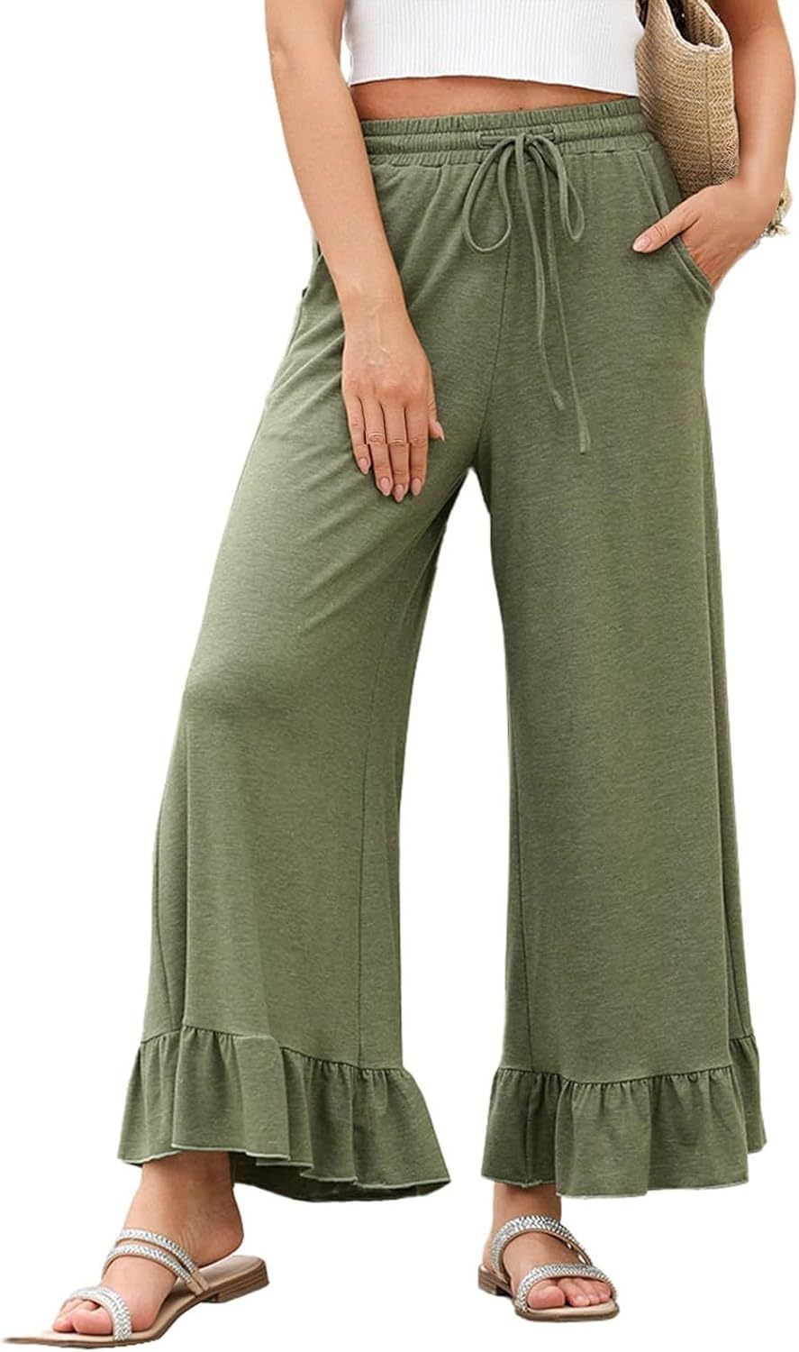 Damenbekleidung Einfarbige Freizeithosen Hohe Taille Taille Plissee Saum Lose Frauen_voghion.com