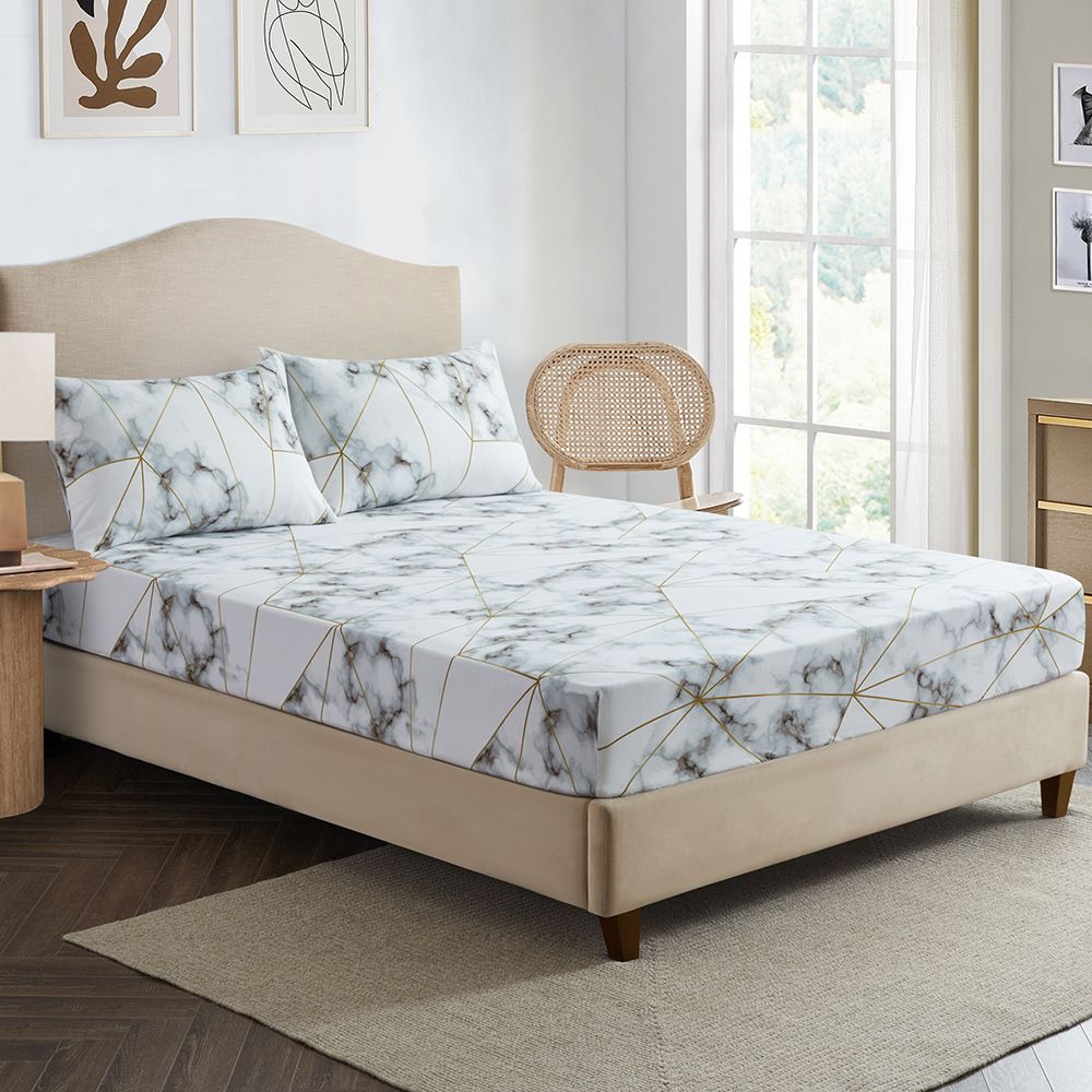 White And Black Marble Geometric Mattress Cover Polyester 3D Printed Bedspread_voghion.com