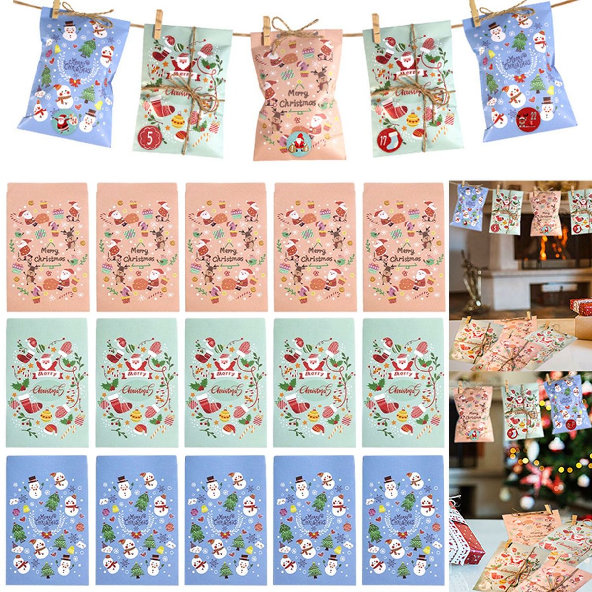 24Pcs Christmas Advent Calendar Bags Kit Envelope Shape Gift Bags With 1 To 24 Countdown Number Stickers Santa Claus Snowman Pattern Goodie Candy Treat Bag With Clips And Rope For Xmas Tree Decoration_voghion.com