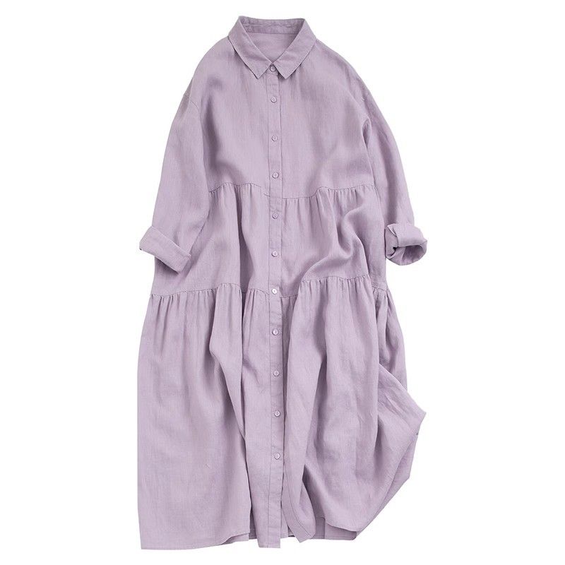 Damenbekleidung Herbst New Forest Leinenkleid Neun Punkte Lange Ärmel Hohe Taille Großer Swingrock Locker Bequeme Strickjacke Langer Rock aus Baumwollleinen_voghion.com