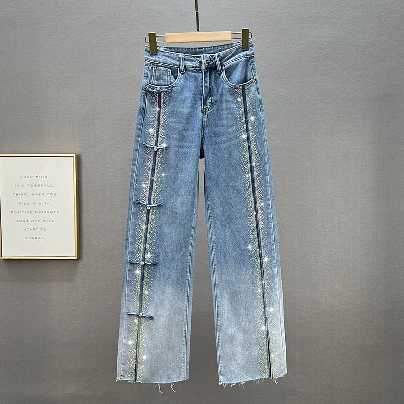 Women's Rhinestone Jeans Women's Wide Leg Pants High Waist Loose Slimming Floor-Mopping Pants Straight Pants_voghion.com