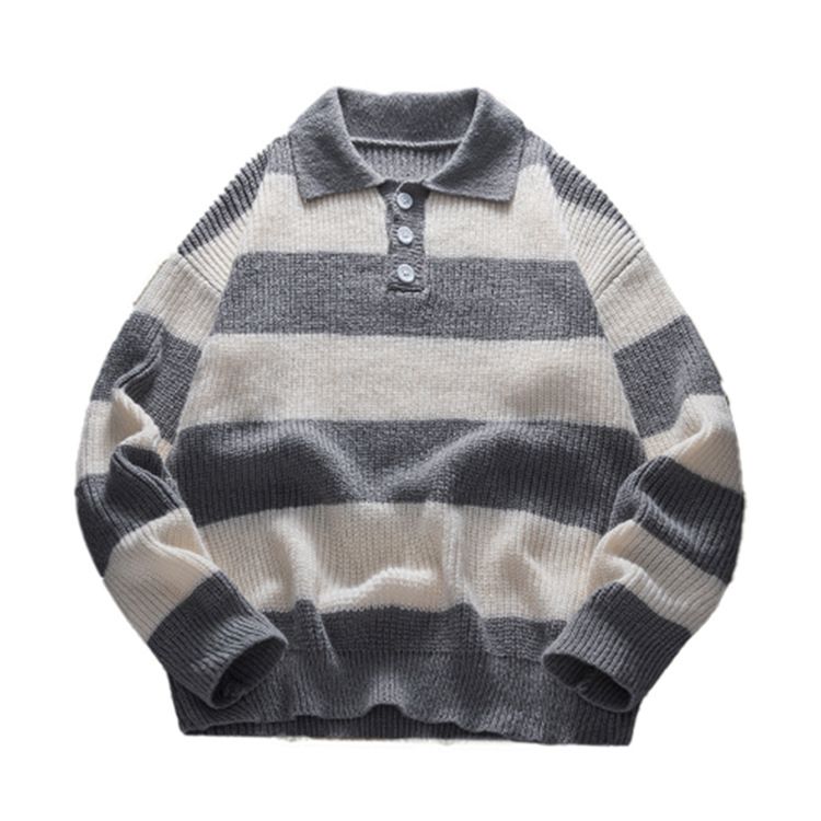 Herren-Retro-Strickpullover mit halbem Reißverschluss – Pullover mit Streifen und kontrastierendem Kragen, lässige Loungewear für Herbst und Winter_voghion.com