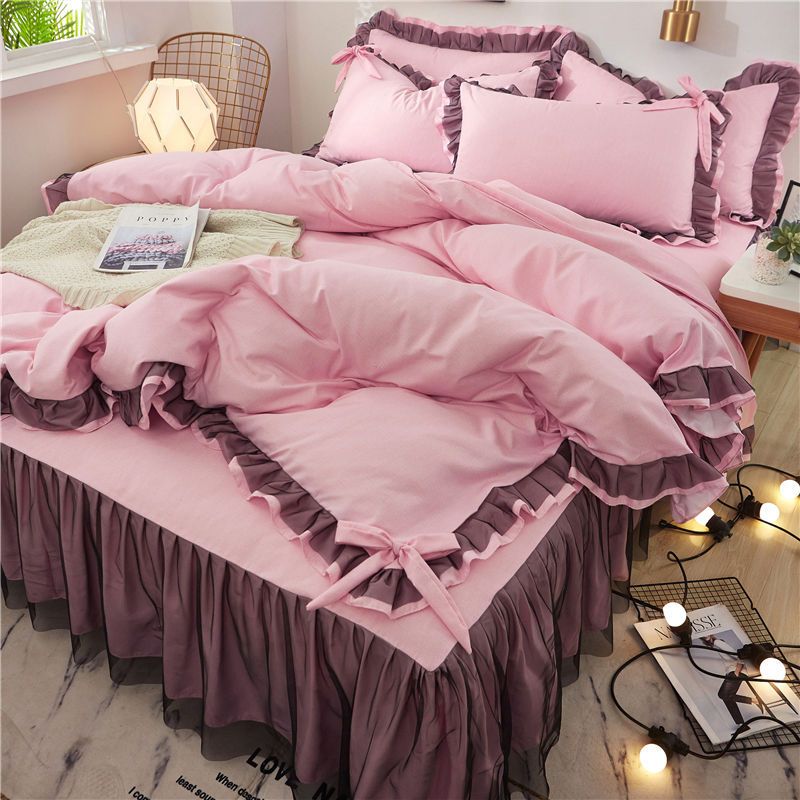 Small Fresh Princess Style Bed Skirt Four Piece Set Sanded Lace Quilt Cover Bedding 4 Korean Style 1.5m 1.8m_voghion.com