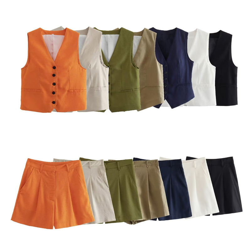 Set aus lässiger Weste aus Leinenmischung und lässigen einfarbigen Shorts für Damen_voghion.com