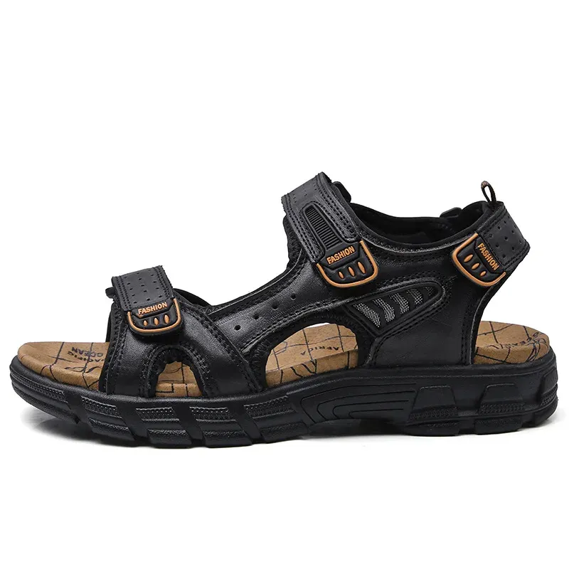 Sandalias de cuero genuino para hombre, zapatos de verano para tiempo libre, sandalias casuales suaves de alta calidad para hombre, zapatos de playa para senderismo para hombre, talla 46_voghion.com