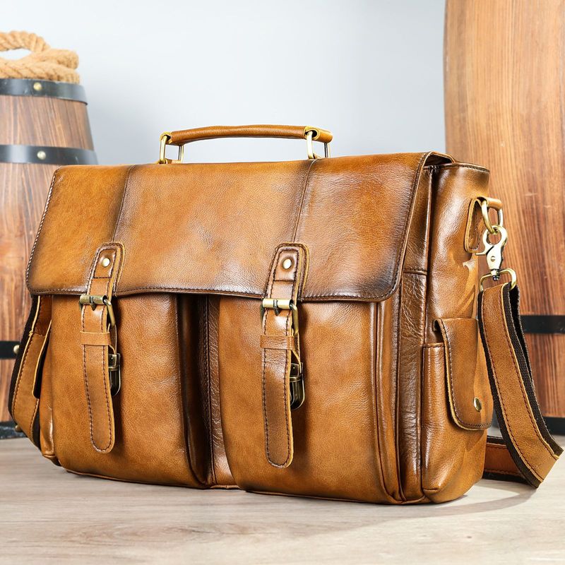Borsa a tracolla in vera pelle per uomo - Borsa a tracolla per laptop da 14" di grande capacità (pelle bovina pieno fiore, stile vintage, impermeabile)_voghion.com