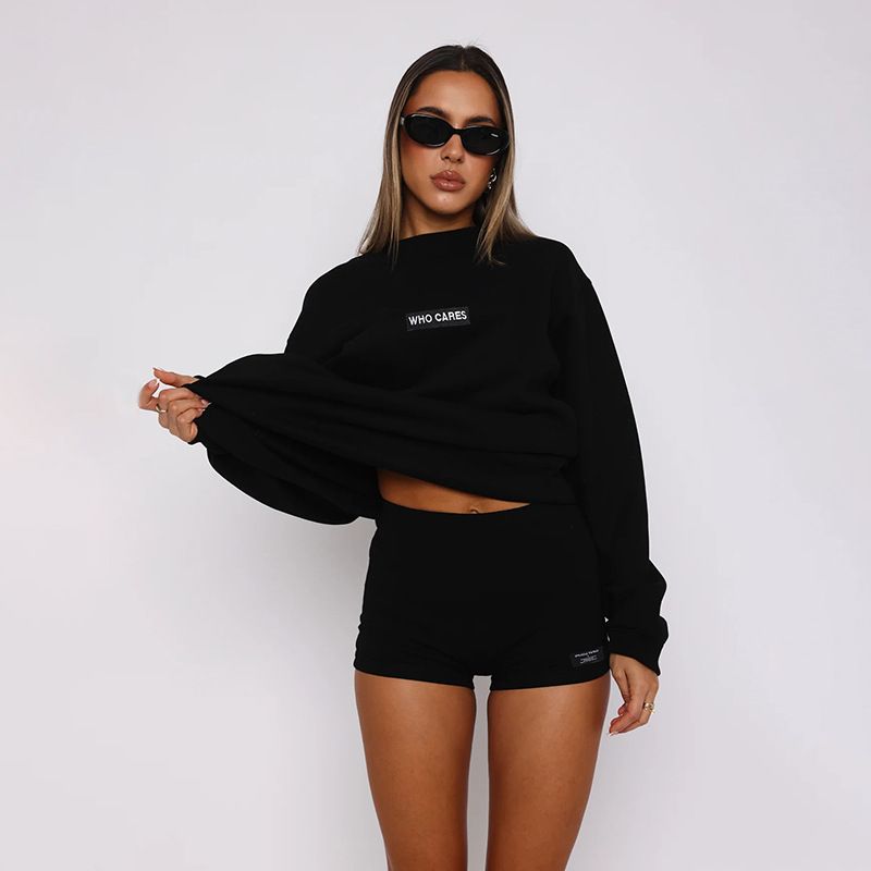 Women's Clothing round neck long sleeve loose sweater women's high waist printed tight shorts fashion casual hot girl style suit_voghion.com