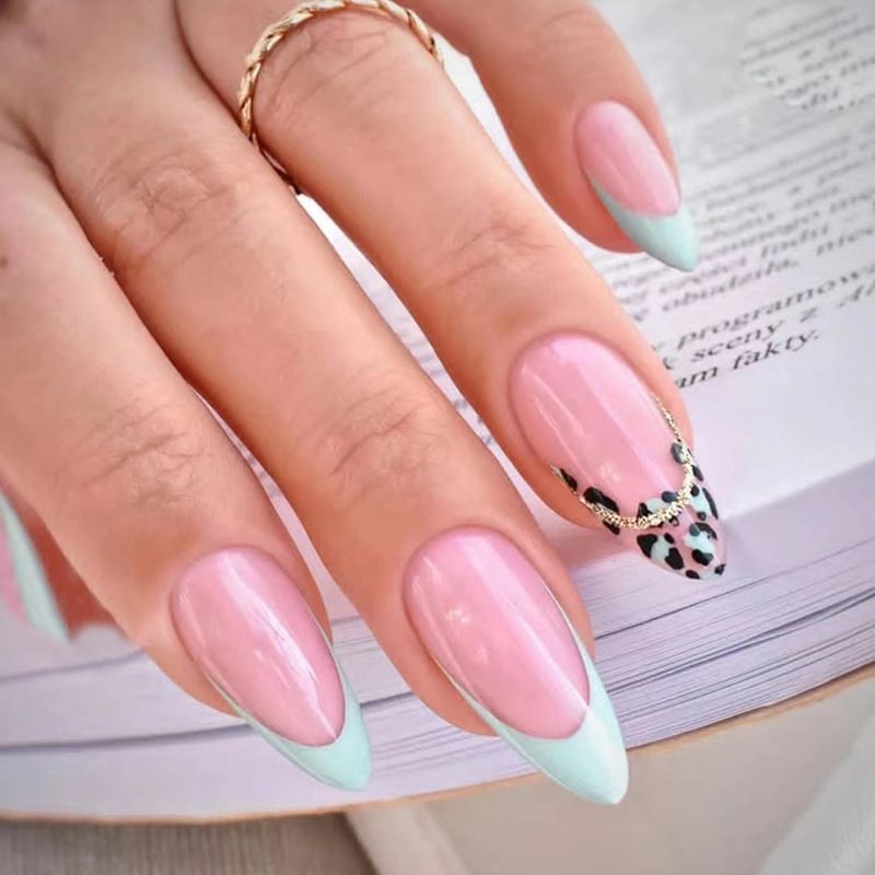 French 24Pcs Almond Nails Set With Glue Artifical False Nail Black Line Design Fake Nail Full Cover Press On N_voghion.com