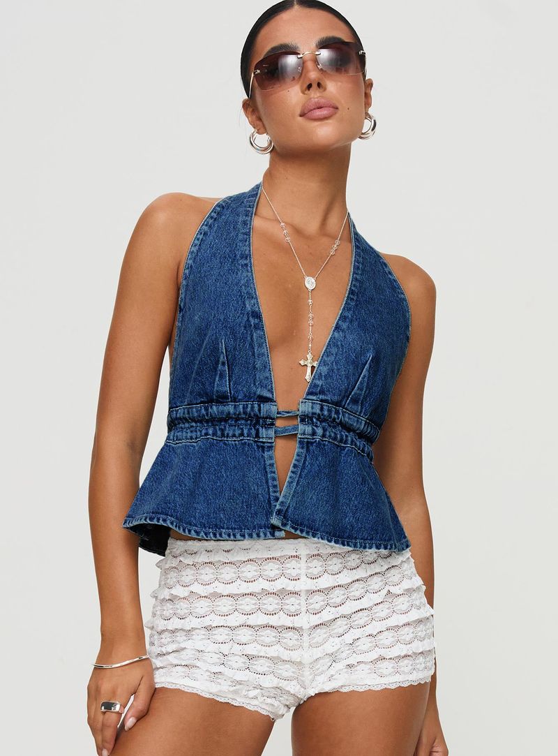 Dameskleding Mode Sexy Gewassen Denim Lek Achterkant Halter Halter Hals Veter Sexy Hot Girl Denim Top_voghion.com