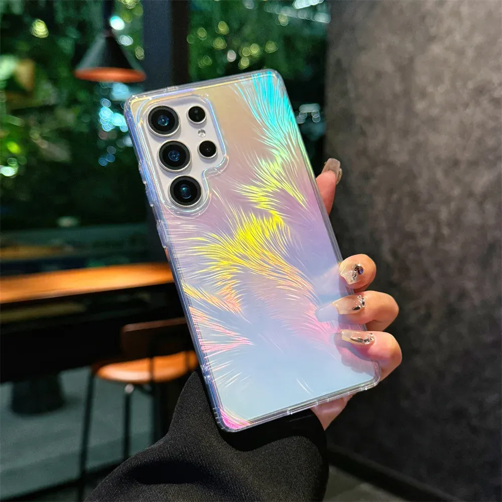 Farbverlauf Feath Magnetische Transparente Handyhülle für Samsung Galaxy S25 Edge S24 Ultra S23 Plus + Rückseite_voghion.com