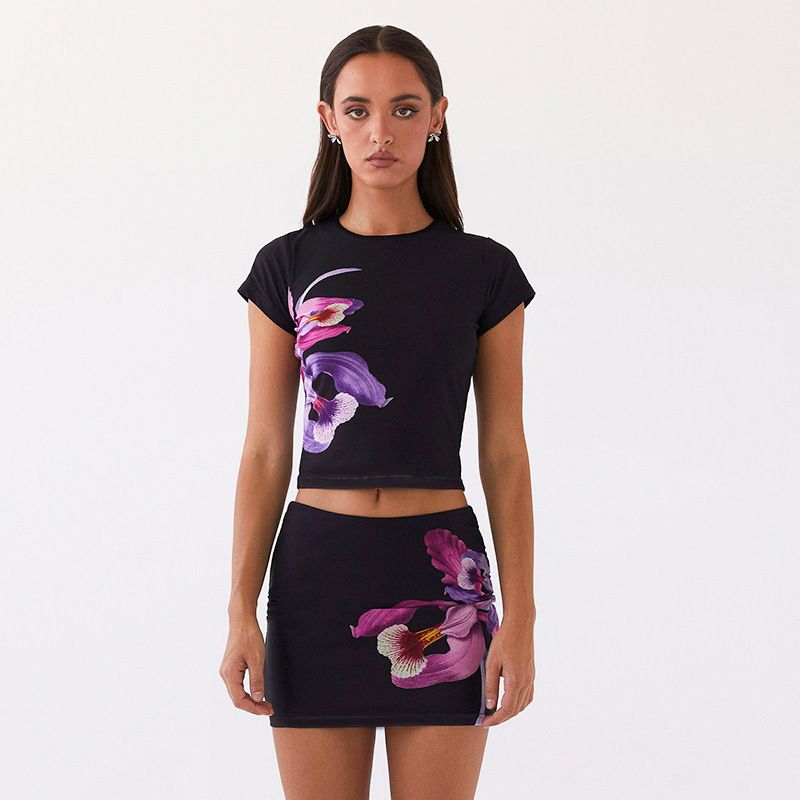 Vêtements pour femmes nouvelle jupe imprimée à manches courtes pour dames, costume haut de gamme, jupe deux pièces_voghion.com