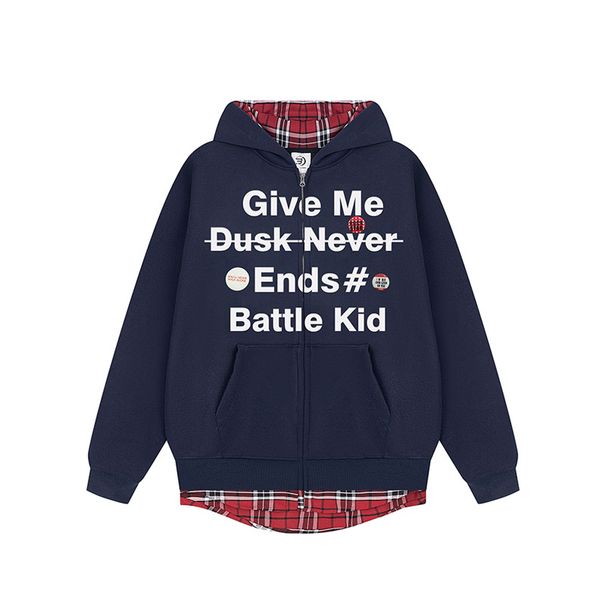 Sudadera unisex con cremallera y panel de rejilla: jersey extragrande estilo vintage americano para pareja con capa desmontable (azul marino/gris)_voghion.com