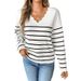 "Women's V-Neck Striped Knit Sweater – Oversized Long Sleeve Casual Pullover (S-L, White)"_voghion.com