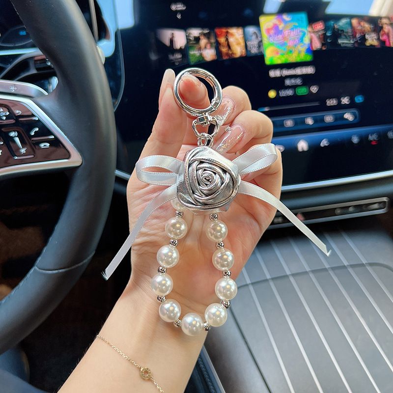Portachiavi in pelle PU con piccola rosa e perla, stile coreano, con fiocco, fiore, ciondolo per borsa da donna_voghion.com