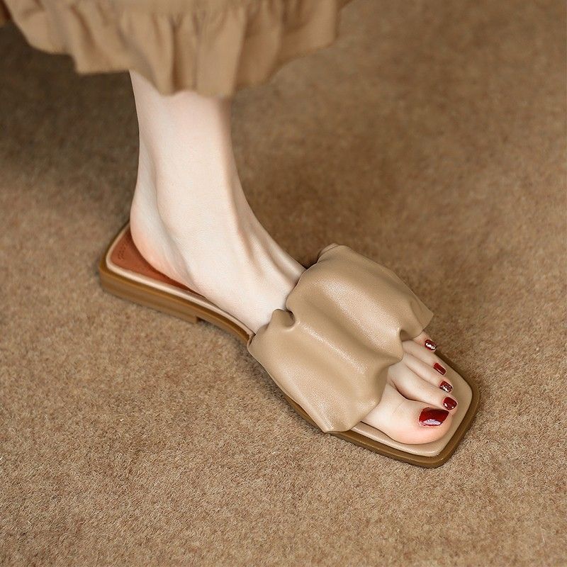 Original soft ~ tidal stepping shit feeling wrinkled square toe open-toed sandals and slippers for women to wear one-word slippers in summer_voghion.com