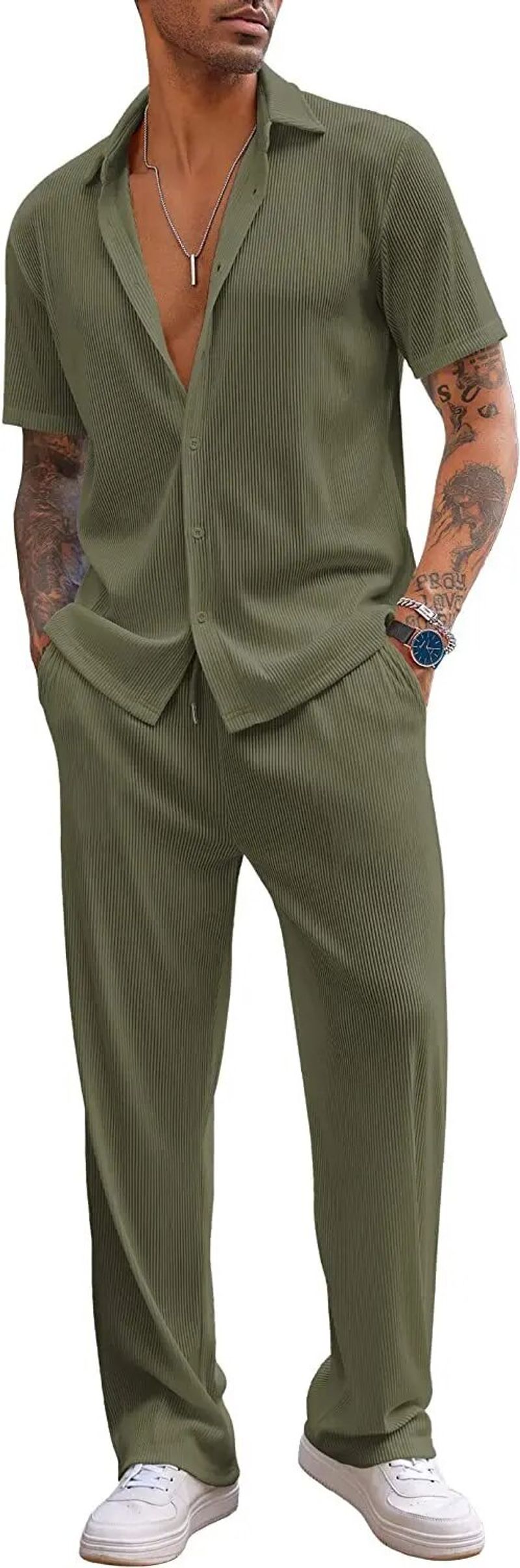 Neues, einfarbiges, kurzärmeliges, langes Hosen-Set für Herren_voghion.com