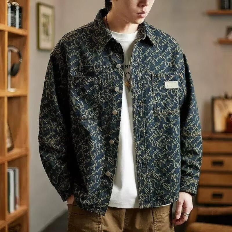 Denim Jacket Men's Large Size Trendy Brand Spring And Autumn 2024 New Retro Washed Jacquard Lapel Shirt Casual Shirt_voghion.com