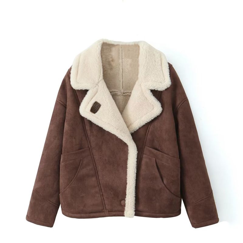 Women's Vintage Faux Shearling Jacket - Cozy Winter Outerwear With Relaxed Fit, Available In Chestnut & Khaki (S/M/L)"​_voghion.com