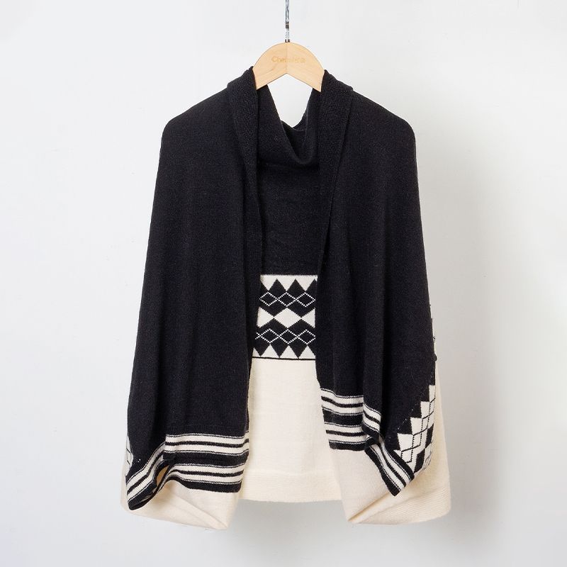 2024 Herbst Winter Lazy Style Schwarz-Weiß-Rautengitterschal für Studenten zum Tragen, Strickjacke_voghion.com
