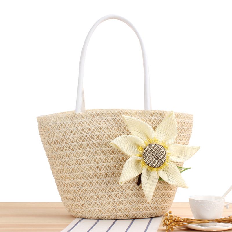 Borsa da spiaggia estiva con tracolla a forma di girasole, in paglia, intrecciata a fiori, nuova, da donna, in un unico pezzo, stile rurale_voghion.com