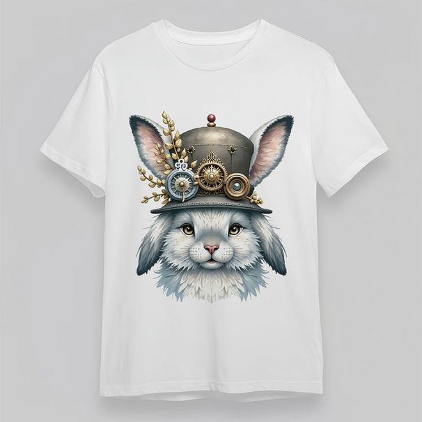 Women's Steampunk Rabbit Red Ball Cap T-Shirt White Short Plus Size Cotton_voghion.com