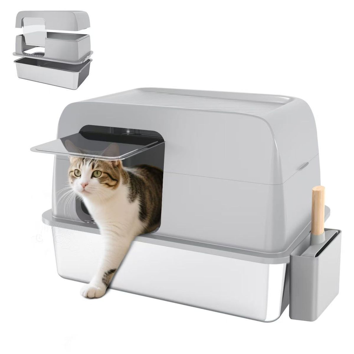 Caixa de areia para gatos extra grande fechada de aço inoxidável à prova de odores e respingos_voghion.com