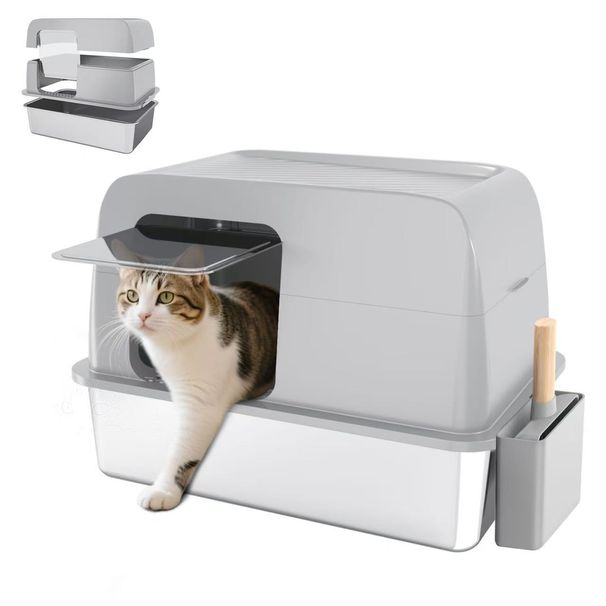 Caixa de areia para gatos extra grande fechada de aço inoxidável à prova de odores e respingos_voghion.com