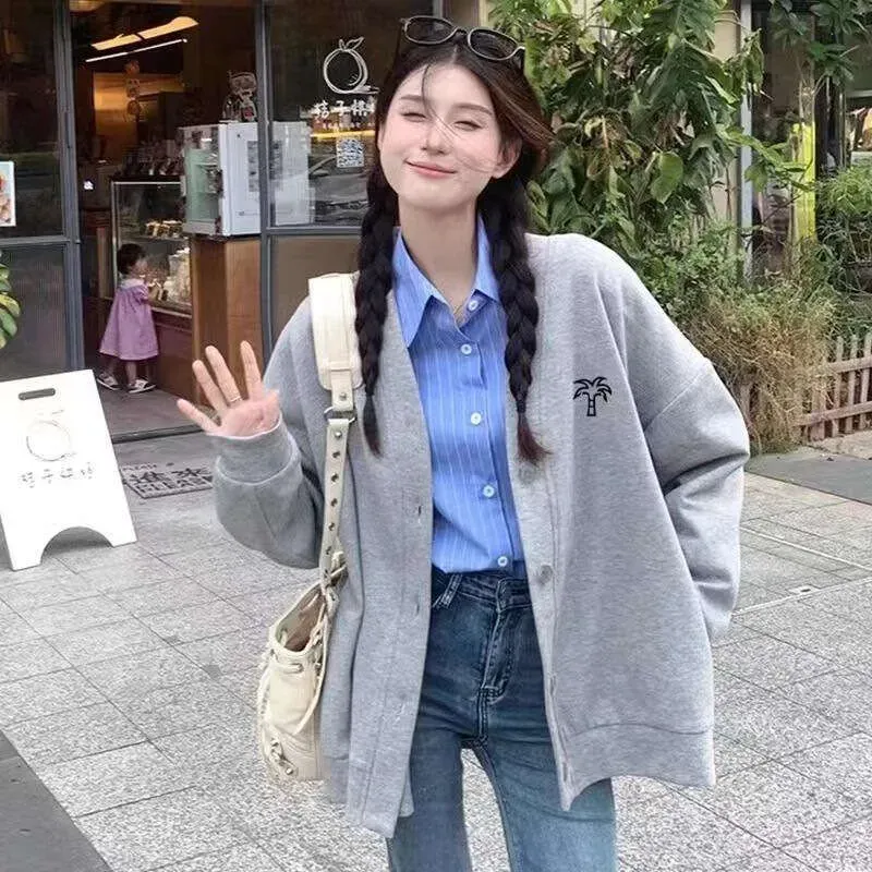 European Spring And Autumn Lazy Style New Korean Version Loose Embroidered Baseball Jacket Cardigan V-Neck Sweatshirt_voghion.com