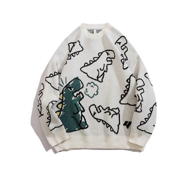 Herrenbekleidung Dinosaurier Strickpullover Damen Pullover - Weiche Baumwollmischung, Stylischer Rundhalsausschnitt, Langarm, Schwarz/Grün/Weiß, Größen M-XXL_voghion.com
