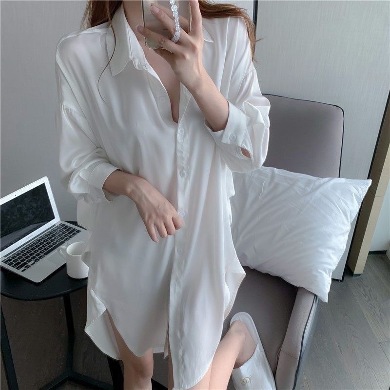 Large Women's Satin Pajama Set, Boyfriend Style Shirt Design, Sexy And Pure Nightgown Home Wear-M_voghion.com