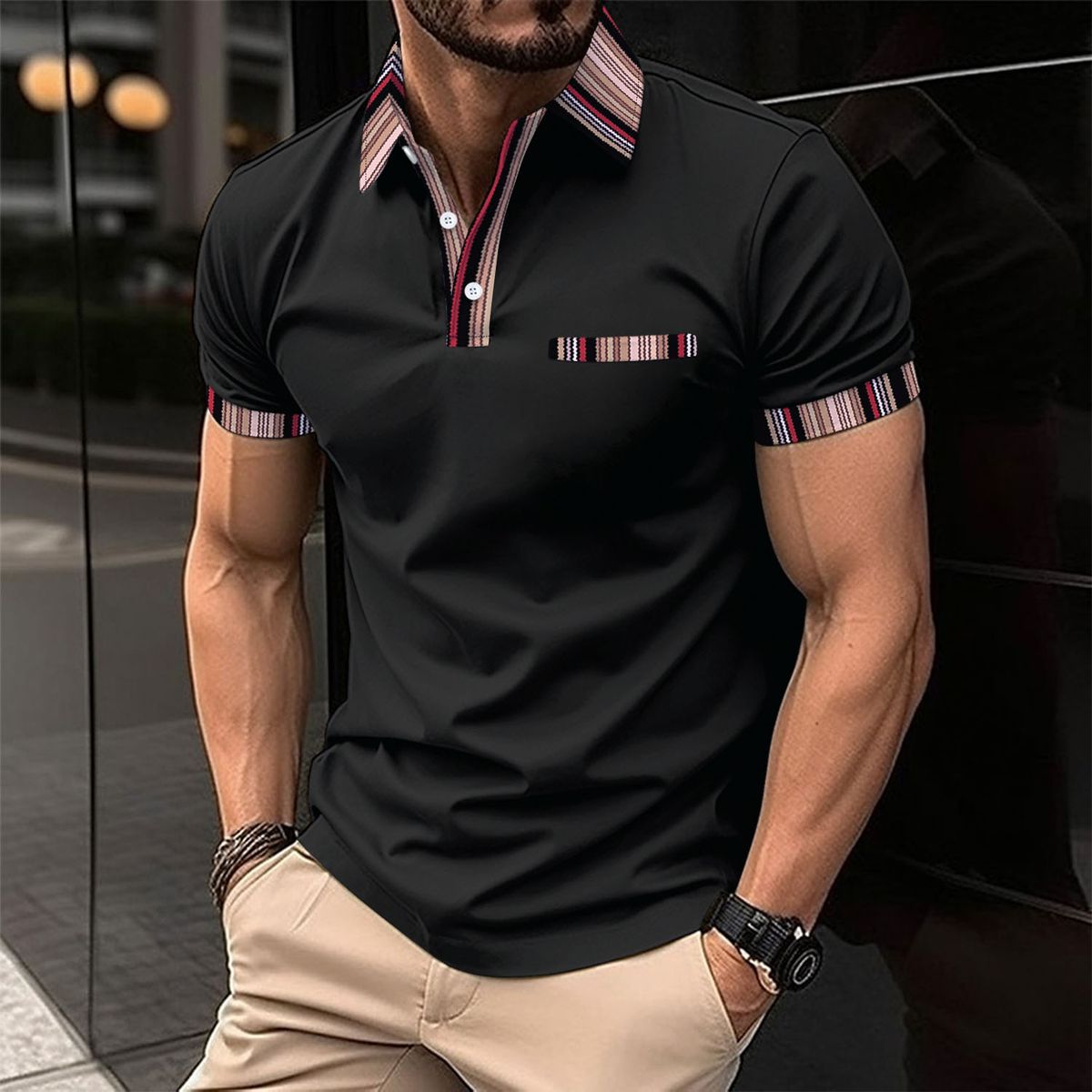 Abbigliamento da uomo, nuova maglietta casual versatile con tasca sul petto e bottoni abbinati al colore, polo_voghion.com