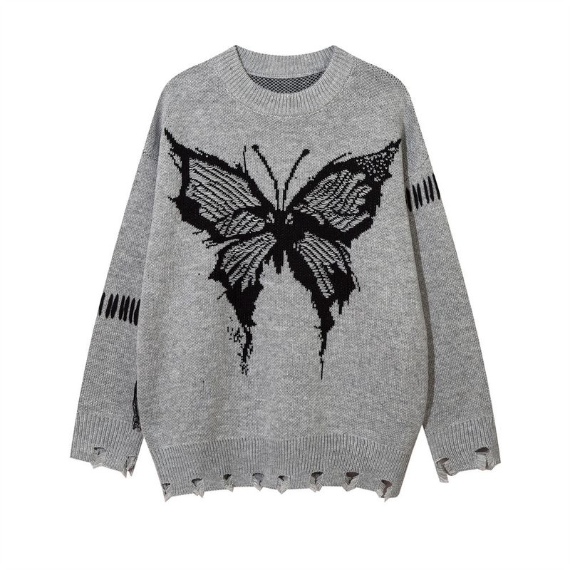 Maglione girocollo jacquard a farfalla stile pigro di tendenza nazionale da uomo maglione strappato con orlo scuro dal design high street autunnale_voghion.com