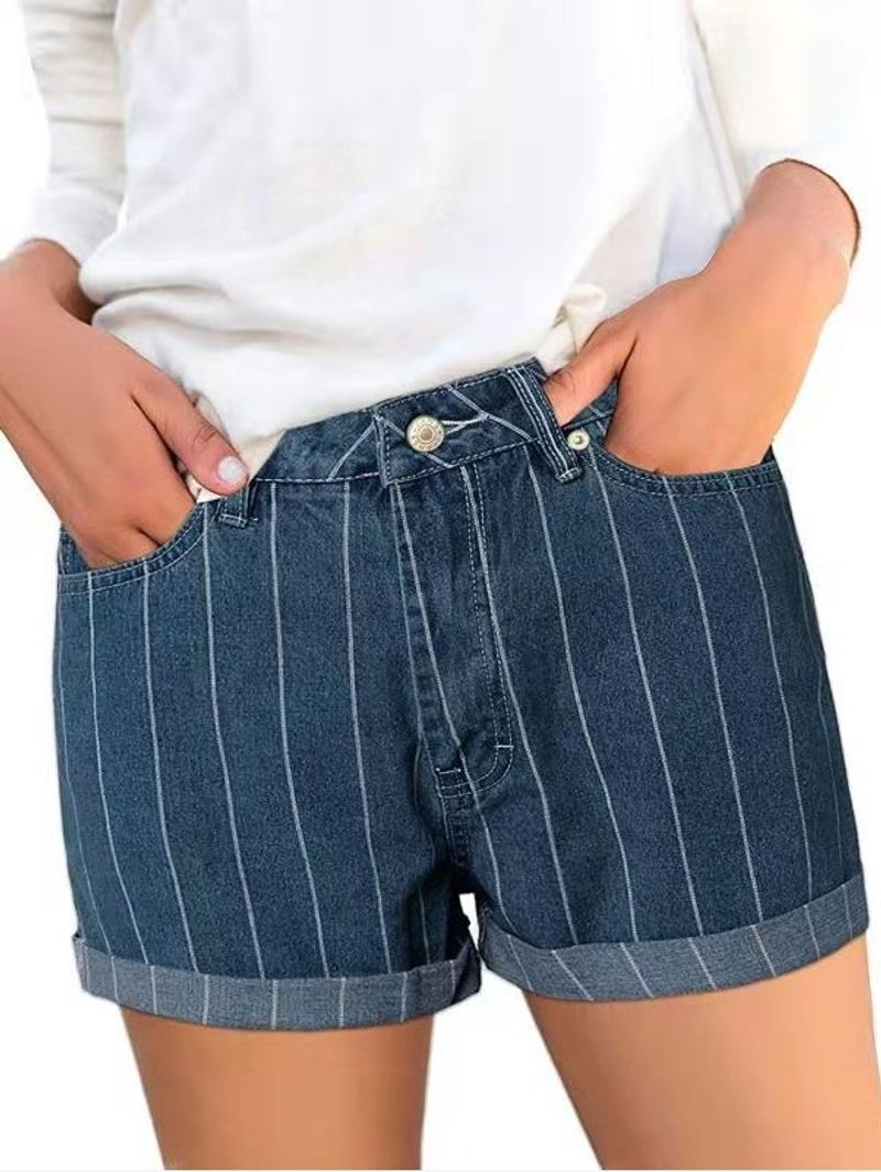 Women's jeans striped cuffed denim shorts for women_voghion.com
