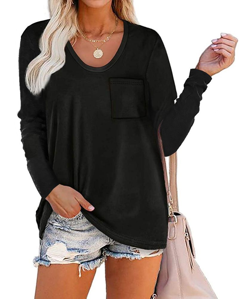T-shirt da donna girocollo a righe tasca manica lunga casual top larghi_voghion.com
