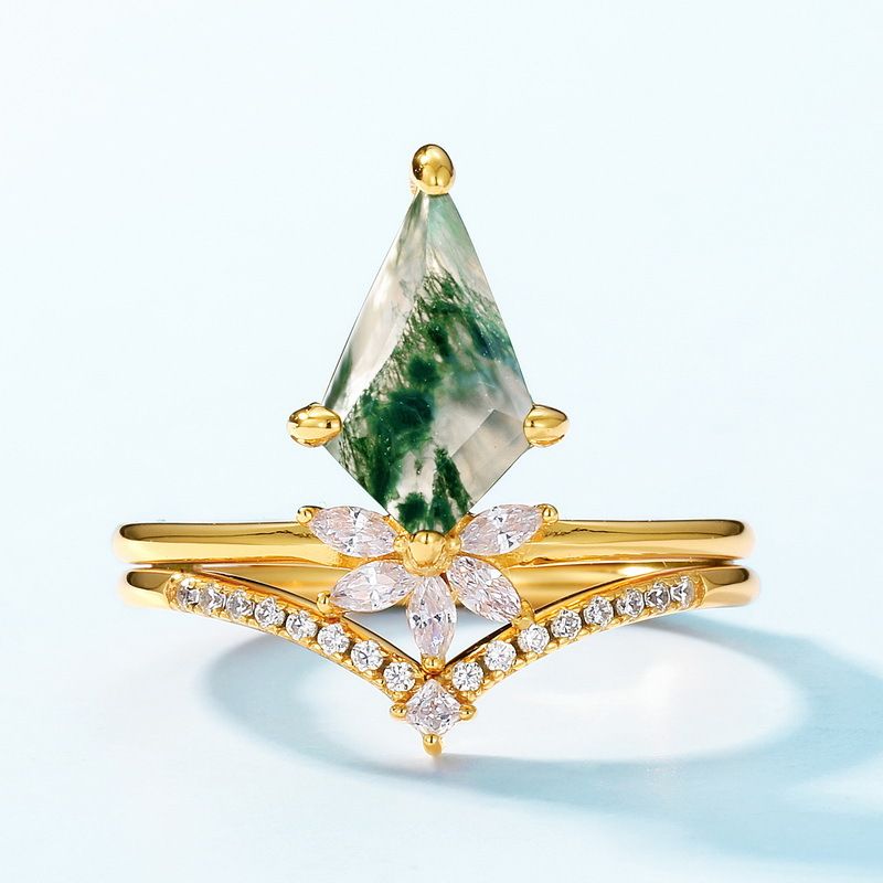 esclusivo Crown Stacking Anello in pietra di muschio verde naturale S925 Anello combinato in agata erba acquatica in argento leggero stile di lusso_voghion.com
