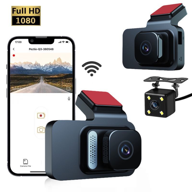 Dashcam con registrazione anteriore e posteriore, telecamera per auto con visione notturna a infrarossi adesiva a doppia lente da 3 pollici con WiFi ad alta definizione_voghion.com