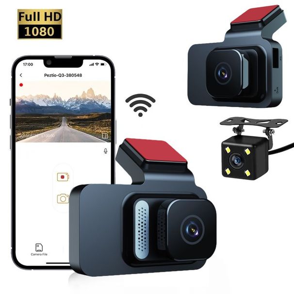 Dashcam con registrazione anteriore e posteriore, telecamera per auto con visione notturna a infrarossi adesiva a doppia lente da 3 pollici con WiFi ad alta definizione_voghion.com