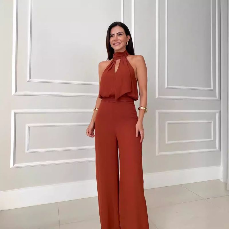 Kadın Giyim moda içi boş yuvarlak yaka kolsuz üst geniş paça pantolon mizaç takım elbise_voghion.com