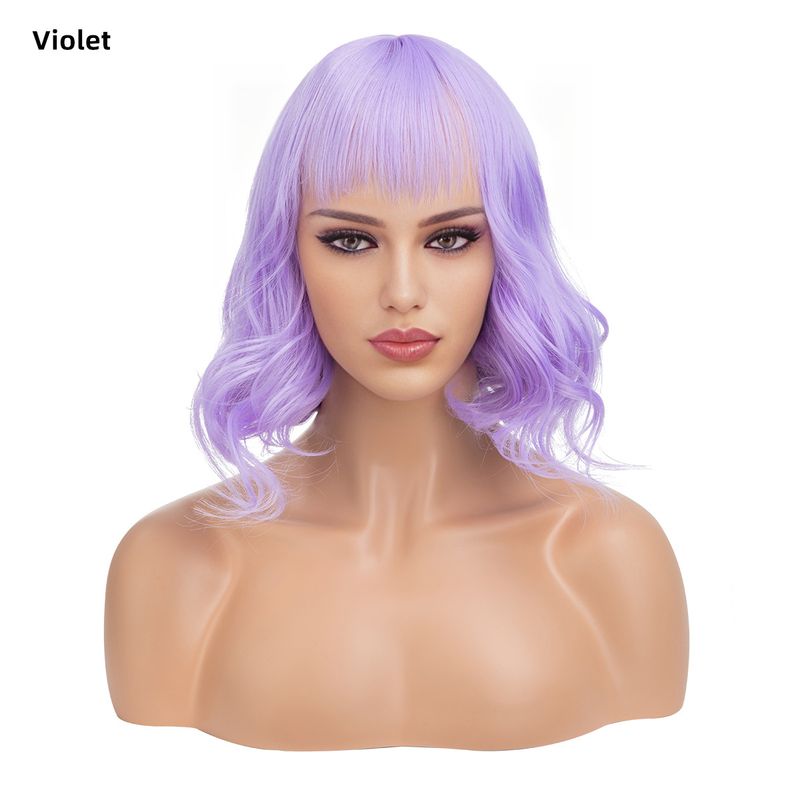 Nuova parrucca da gioco di ruolo per feste quotidiane europee e americane, ragazza con capelli corti e ricci, frangia Qi, rete rosa, riccioli ondulati, parrucca in fibra chimica, copertura completa della testa._voghion.com